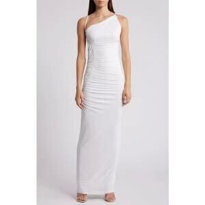 Naked Wardrobe White Ruched Asymmetric Neckline Open Back Maxi Dress Size Large